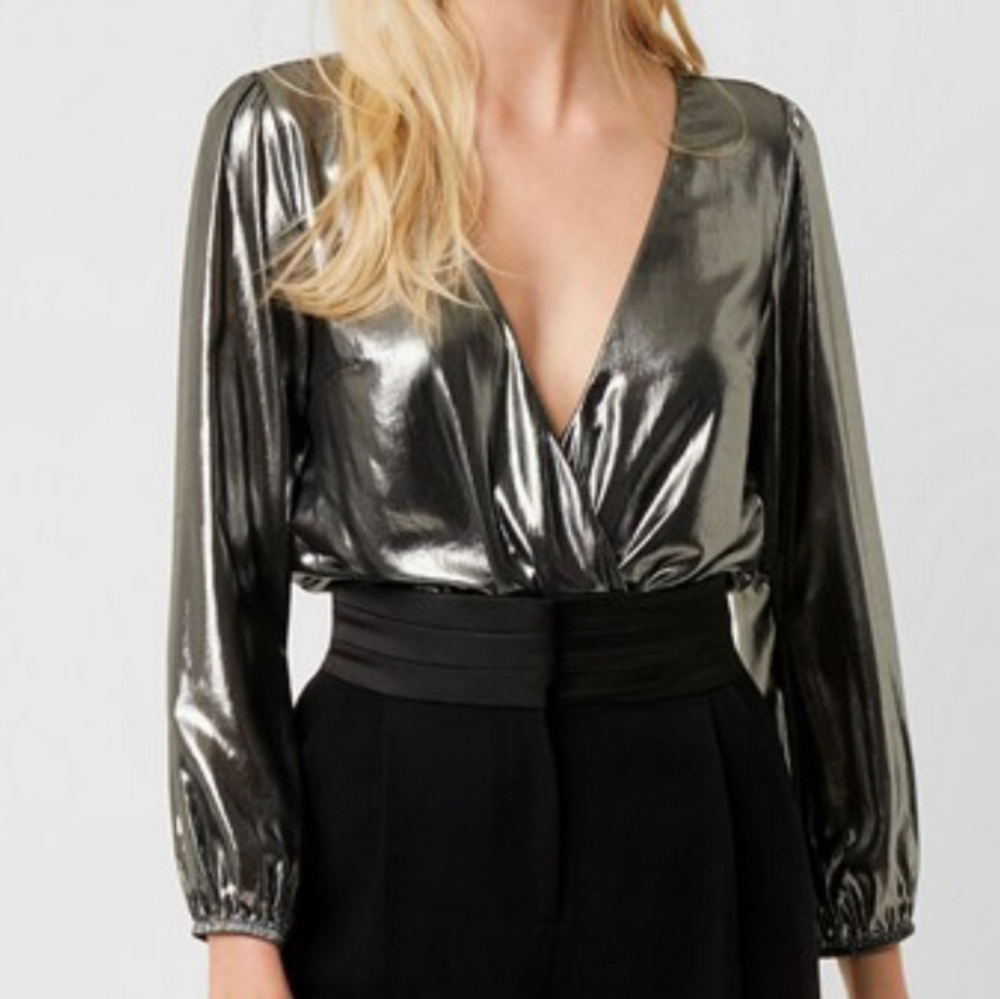 NWT French Connection Metallic Drape Bodysuit in Silver